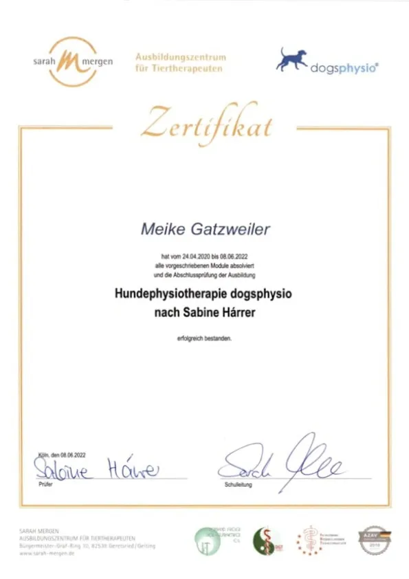 Ausbildungszertifikat Hundephysiotherapie